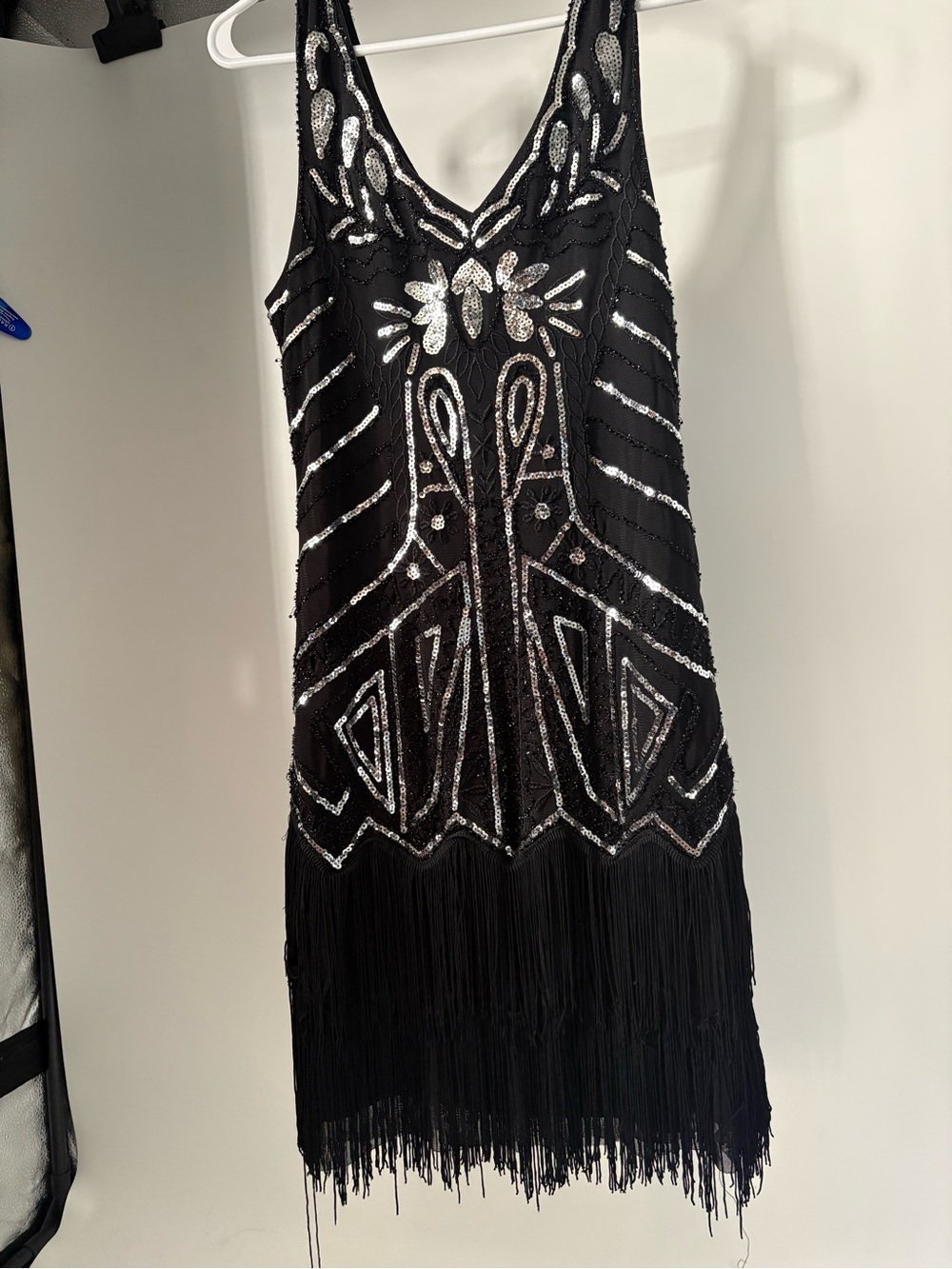 Black Sequin Fringe Midi Dress with Silver Accents